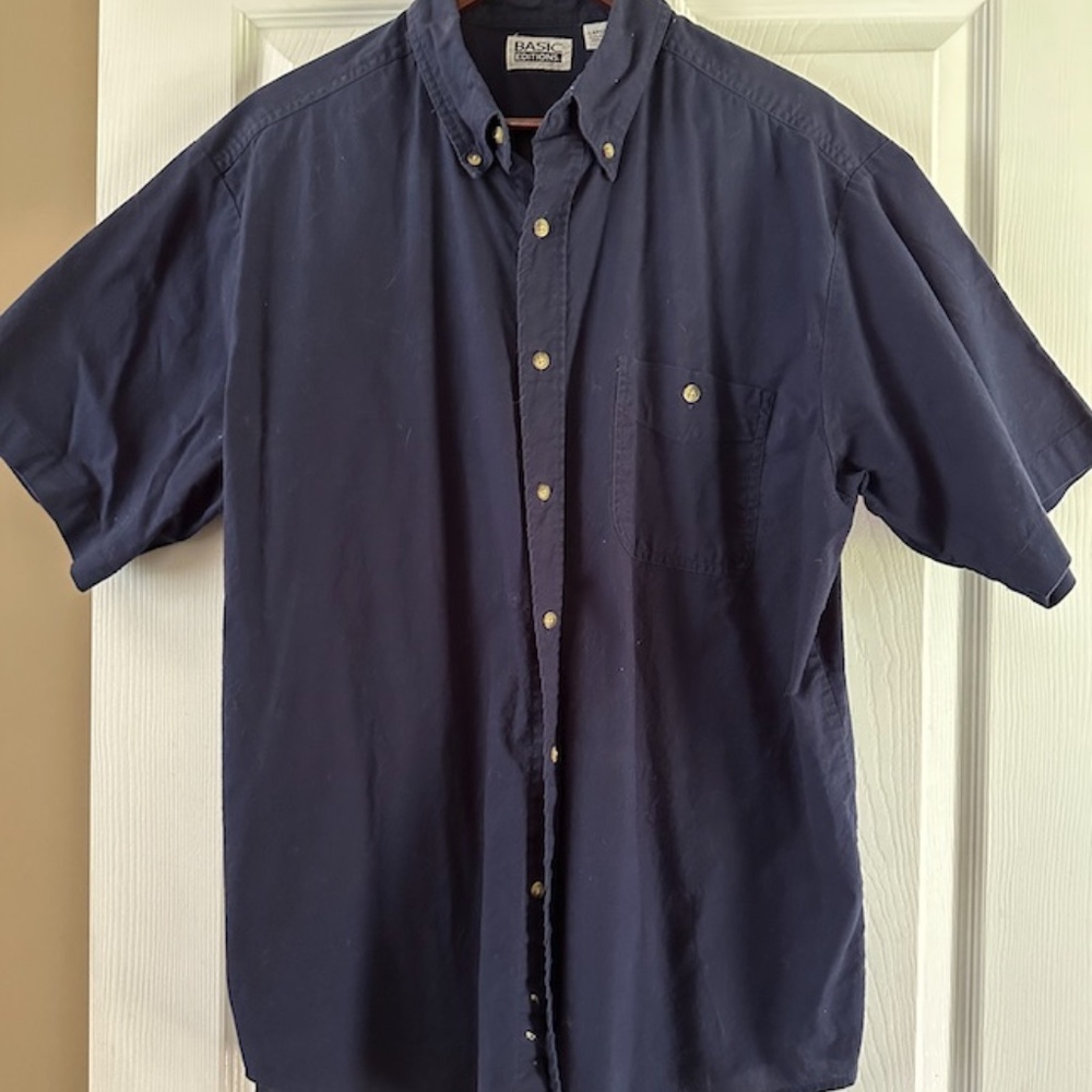Basic Editions Boys Navy Blue Short Sleeve Pocket Button Down Dress Shirt L NWOT